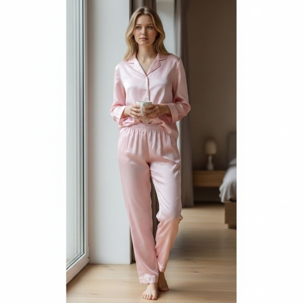 Talbots Pajama Set Size Medium Pink Satin Loungewear, elastic waist pants .